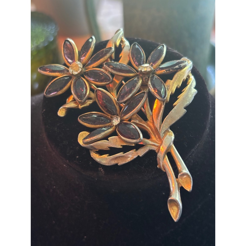 Vintage Gold Tone  Rhinestone Flower Bouquet Brooch Pin Floral Statement